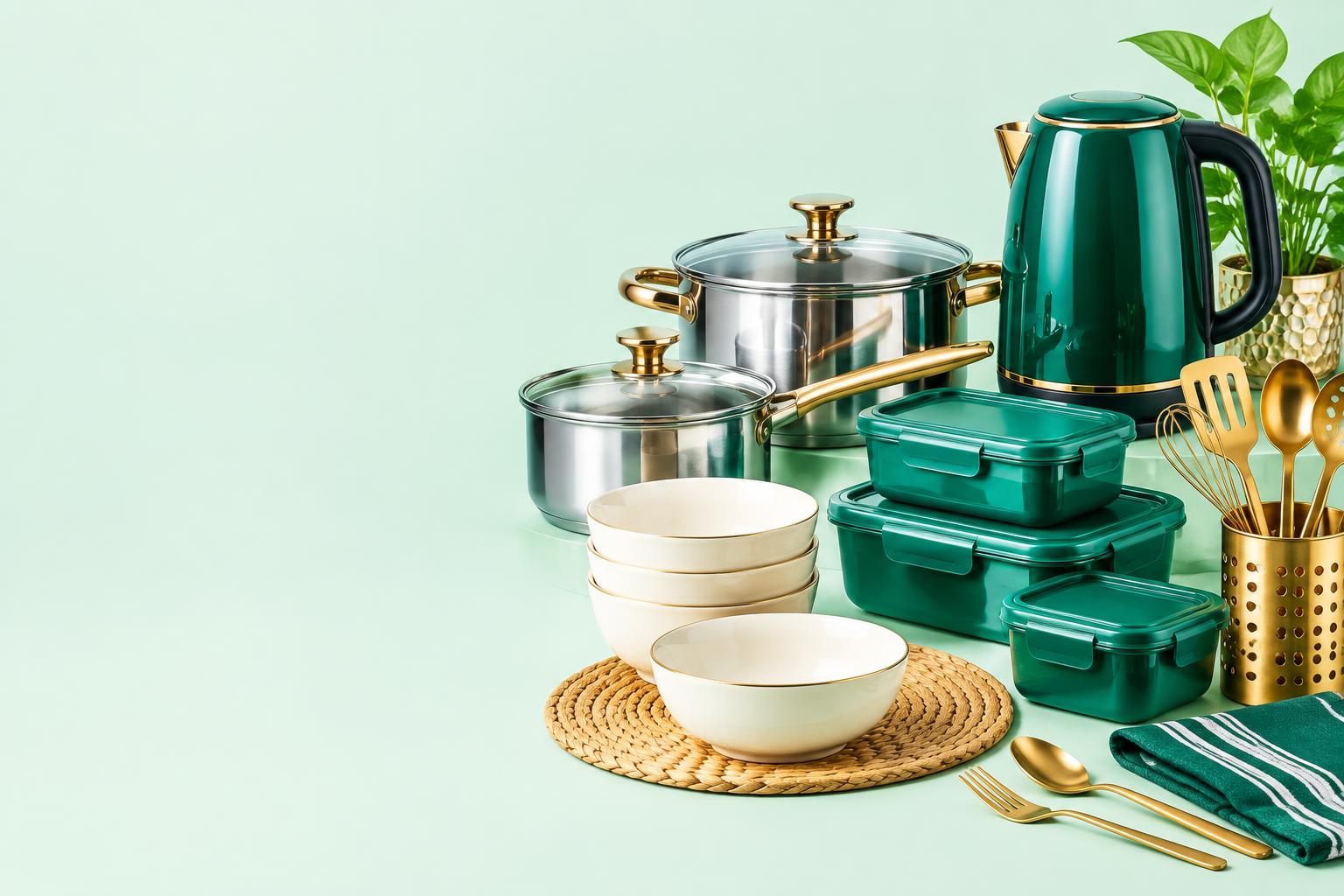 Green and gold kitchen essentials, cookware and storage